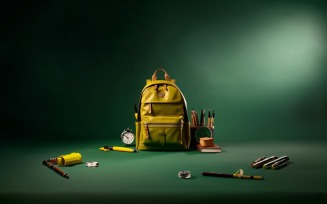 Yellow Backpack with a clock and school Supplies 189