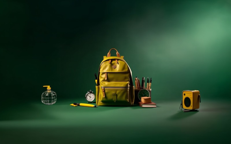 Yellow Backpack with a clock and school Supplies 190 Illustration
