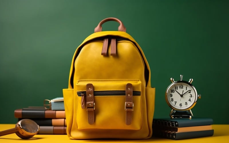 Yellow Backpack with a clock and school Supplies 193 Illustration