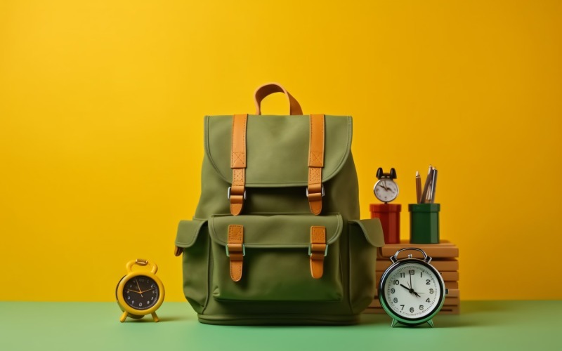 Yellow Backpack with a clock and school Supplies 194 Illustration