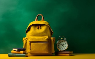 Yellow Backpack with a clock and school Supplies 195