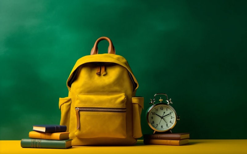 Yellow Backpack with a clock and school Supplies 195 Illustration