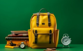 Yellow Backpack with a clock and school Supplies 196