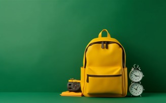Yellow Backpack with a clock and school Supplies 197