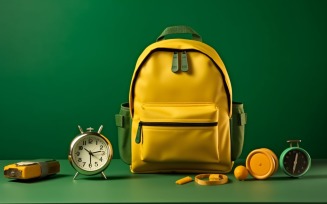 Yellow Backpack with a clock and school Supplies 198