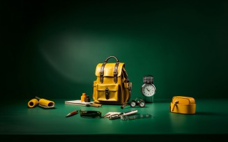Yellow Backpack with a clock and school Supplies 1991
