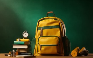 Yellow Backpack with a clock and school Supplies 199