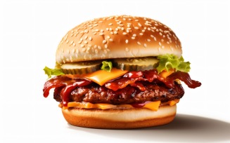 Bacon burger with beef patty, on white background 58