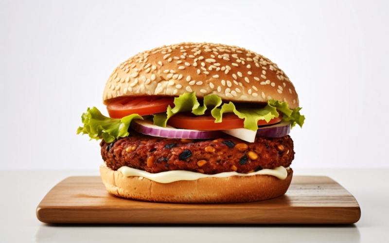 Tasty grilled Feta beef burger, on Wooden Tray 71 Illustration