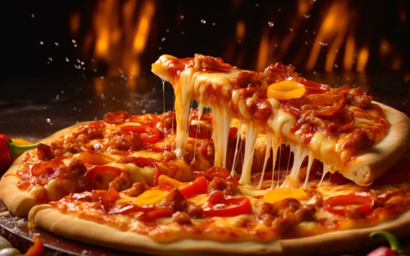 delicious looking pizza with stringy cheese and meat 30 Illustration