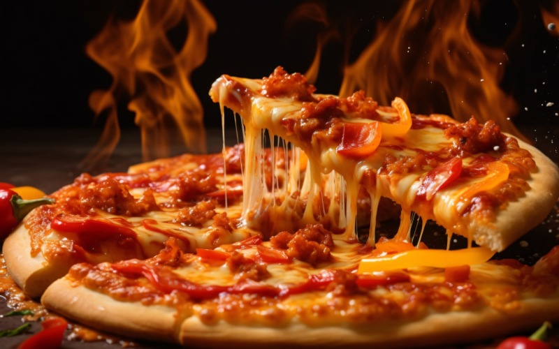 delicious looking pizza with stringy cheese and meat 34 Illustration