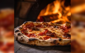 Pepperoni Pizza on a pizza stone in front of a fire 44