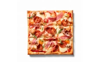 A square pizza with a square of pizza on it On 75