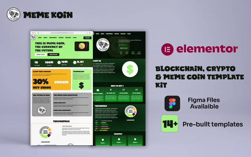 Cryptocurrency Elementor template kit - Meme Koin Elementor Kit