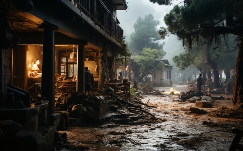 Flood, Some Houses Destroyed And Trees Fallen Down 31 Illustration