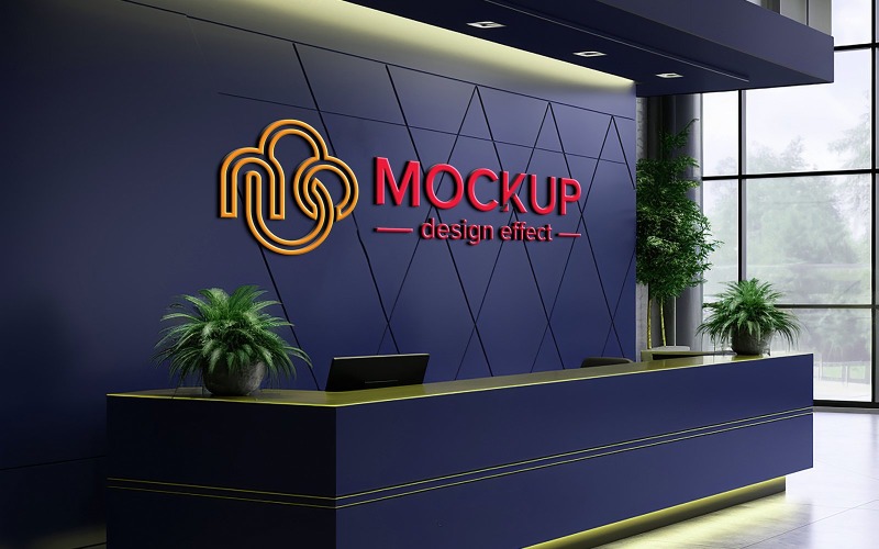 Realistic blue wall logo mockup in office or hotel reception desk with computer design psd Product Mockup
