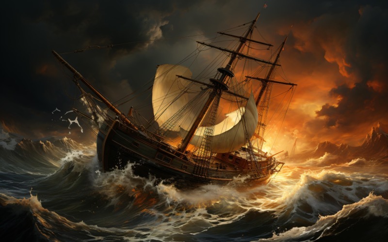 Scene of the boat being pulled into powerful storm ocean 91 Illustration