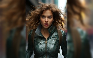 Young female superhero model standing in city street 16