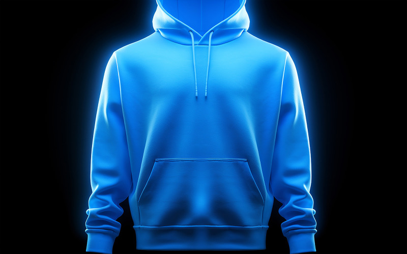 Hanging blank blue hoodie on the neon action_premium blank hoodie with neon light Background