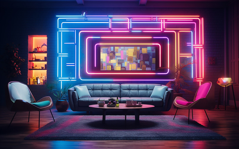 Livingroom_luxury livingroom_livingroom with sofa and neon action_luxury livingroom on neon wall Background
