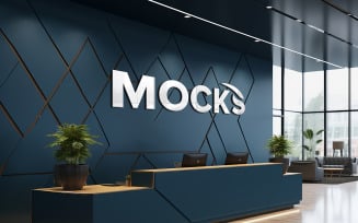 Realistic blue wall logo mockup in office or hotel reception desk with computer psd template