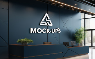Reception wall logo mockup in office or hotel reception desk with computer