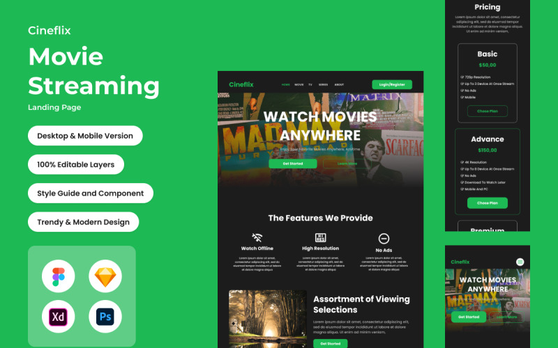 Cineflix - Movie Streaming Landing Page V UI Element