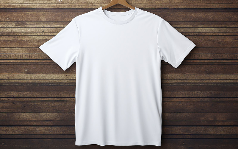 Hanging white T-shirt design_Hanging men's blank T-shirt on the wooden_white t-shirt on wall Background