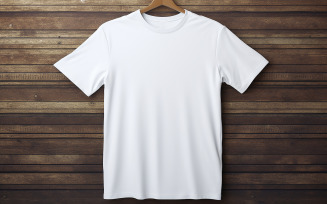 Hanging white T-shirt design_Hanging men's blank T-shirt on the wooden_white t-shirt on wall