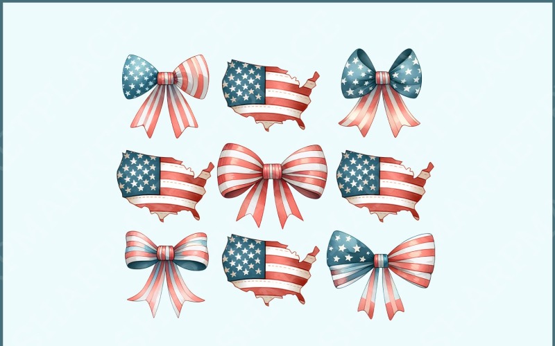 Coquette American Flag PNG, 4th of July Sublimation with Bow, Girly Patriotic Design, USA Flag Illustration
