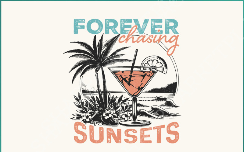Forever Chasing Sunsets PNG, Retro Summer Beach Designs, Tropical Aesthetic Sublimation, Y2K Illustration