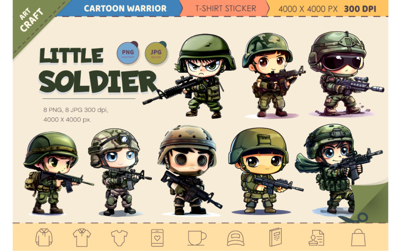Little Cartoon soldier. TShirt Sticker. Illustration