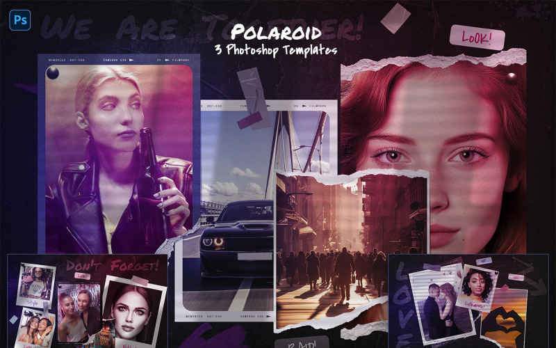 Polaroid Photo Templates with Neon Lights Illustration