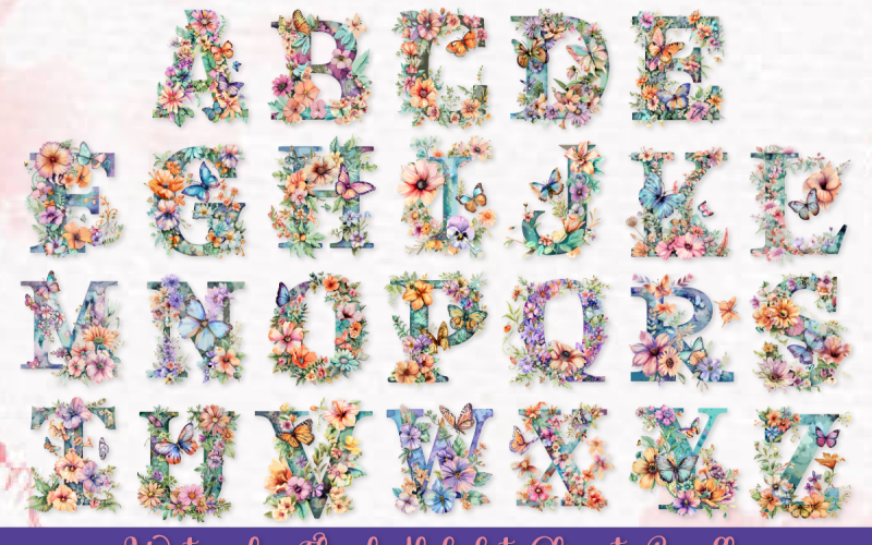 Watercolor Floral Alphabet Clipart Bundle Illustration