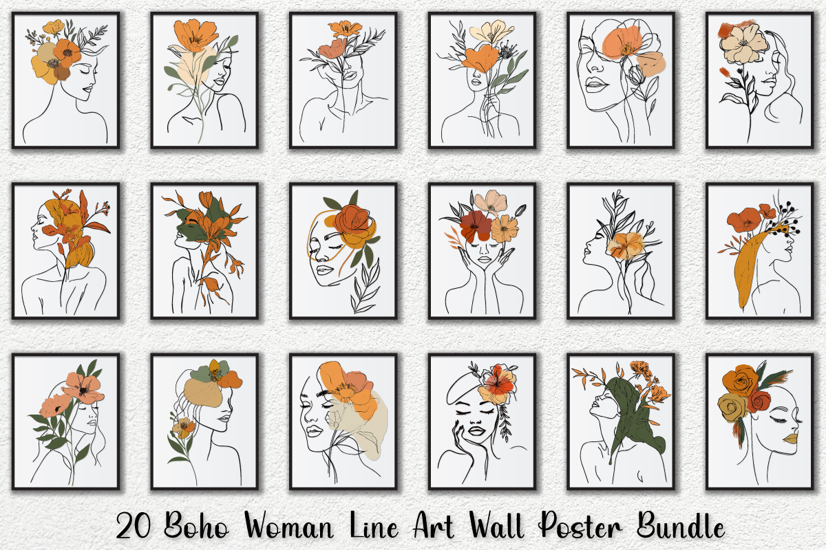 Boho Woman Line Art Wall Poster Bundle