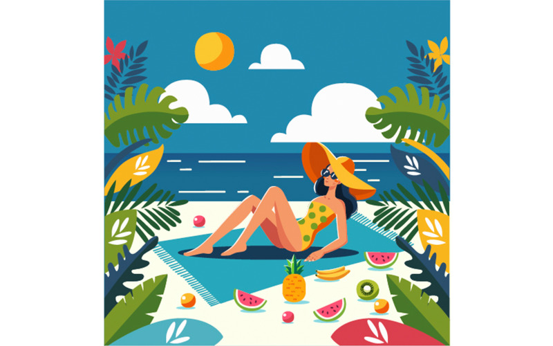 Woman Meeting Sunset on the Beach Summer Vacation Illustration