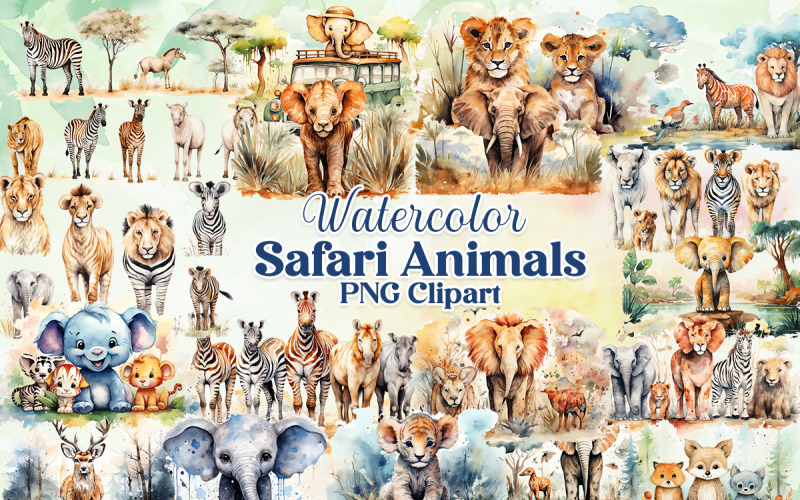 Printable Cute Watercolor Safari Animals Clipart PNG bundle Illustration