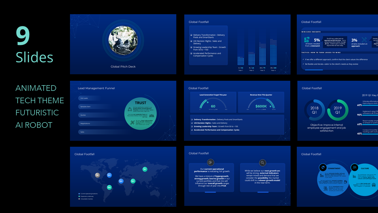 Global pitch deck animated PPT slides Blue dark theme