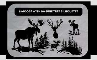 8 Moose with 10+ Pine Tree Silhouette