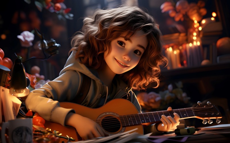 3D Character Child Girl Musician with relevant environment 3. Illustration