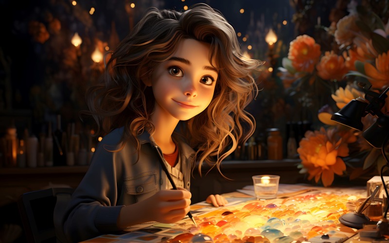 3D Character Child Girl Painter with relevant environment 4. Illustration