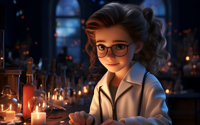 3D Character Child Girl Scientist with relevant environment 3. Illustration