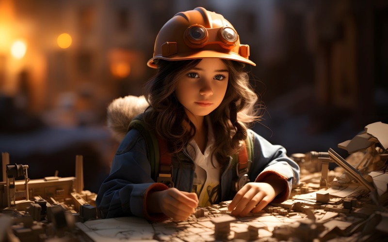 3D Character Child Girl Surveyor with relevant environment 1 Illustration