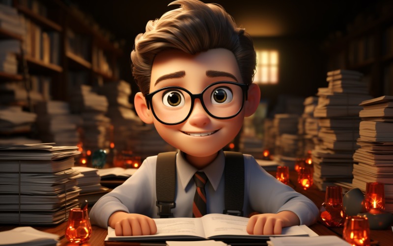 3D Character Child Boy Accountant with relevant environment 3. Illustration