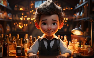 3D Character Child Boy Bartender with relevant environment 4