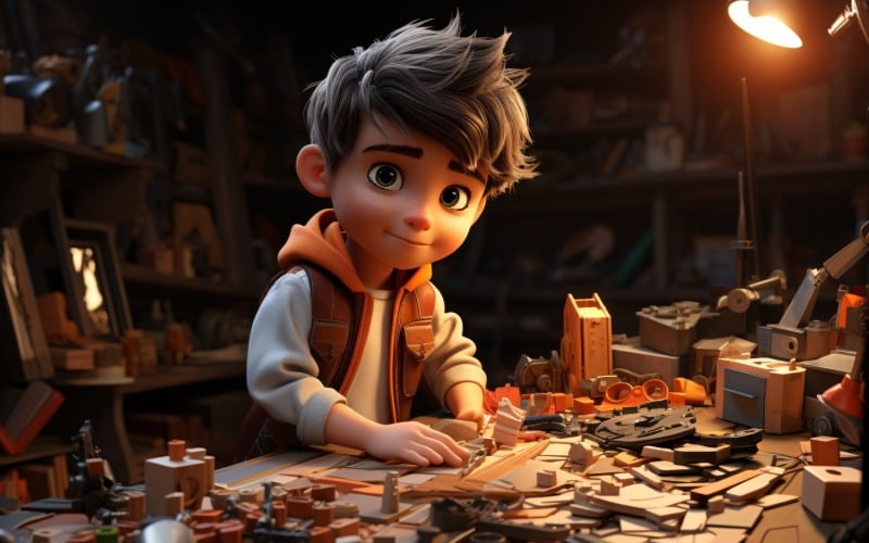3D Character Child Boy Carpenter with relevant environment 3. Illustration