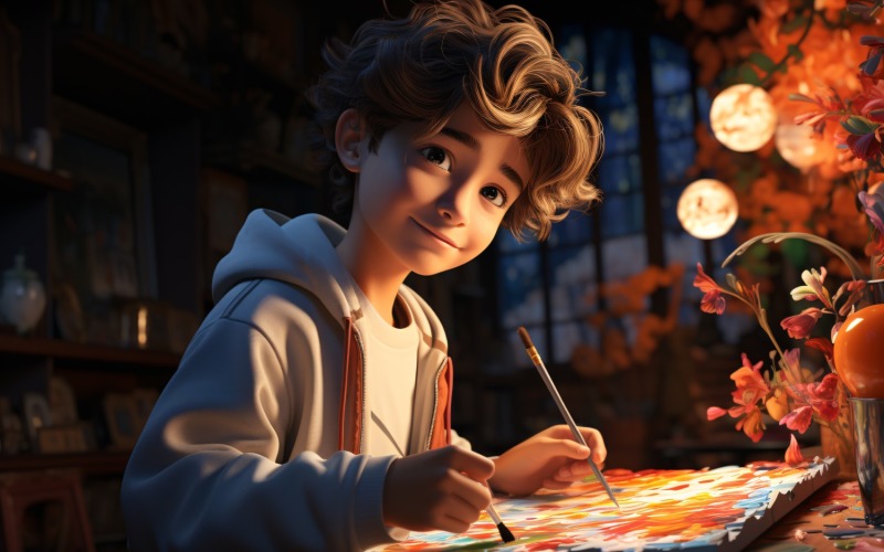 3D Character Child Boy Painter with relevant environment 1. Illustration