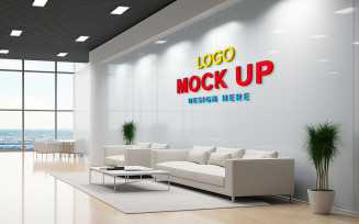 Realistic 3d office waiting room wall logo mockup
