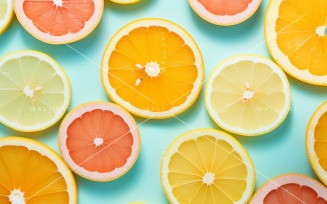 Citrus Fruits Background flat lay on cyan Background 76