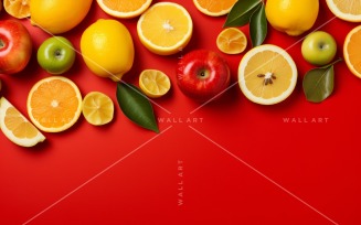 Citrus Fruits Background flat lay on Red Background 34